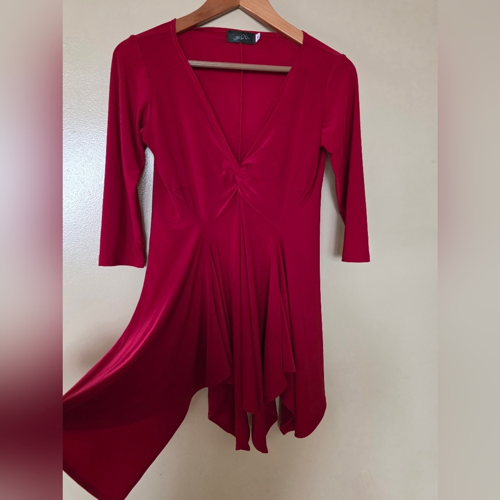 Sympli Red Stretchy VNeck Knot Tunic Top 8 Asymmetrical Shark Bite Hem Lagenlook